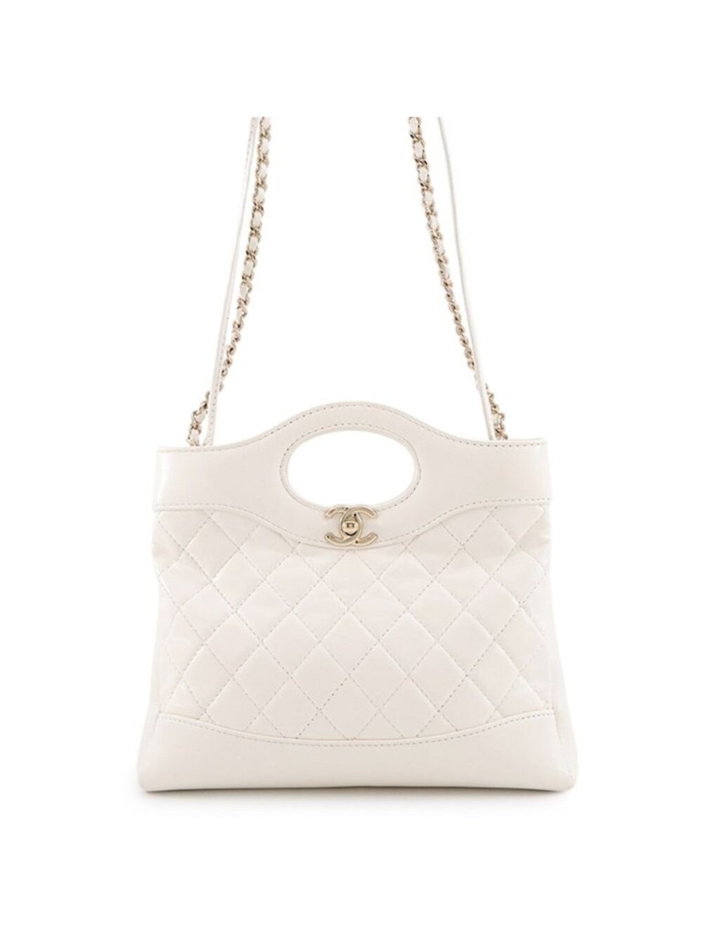 Chanel Chain Shoulder Bag Quilted Mini Shopping Shiny Calfskin White